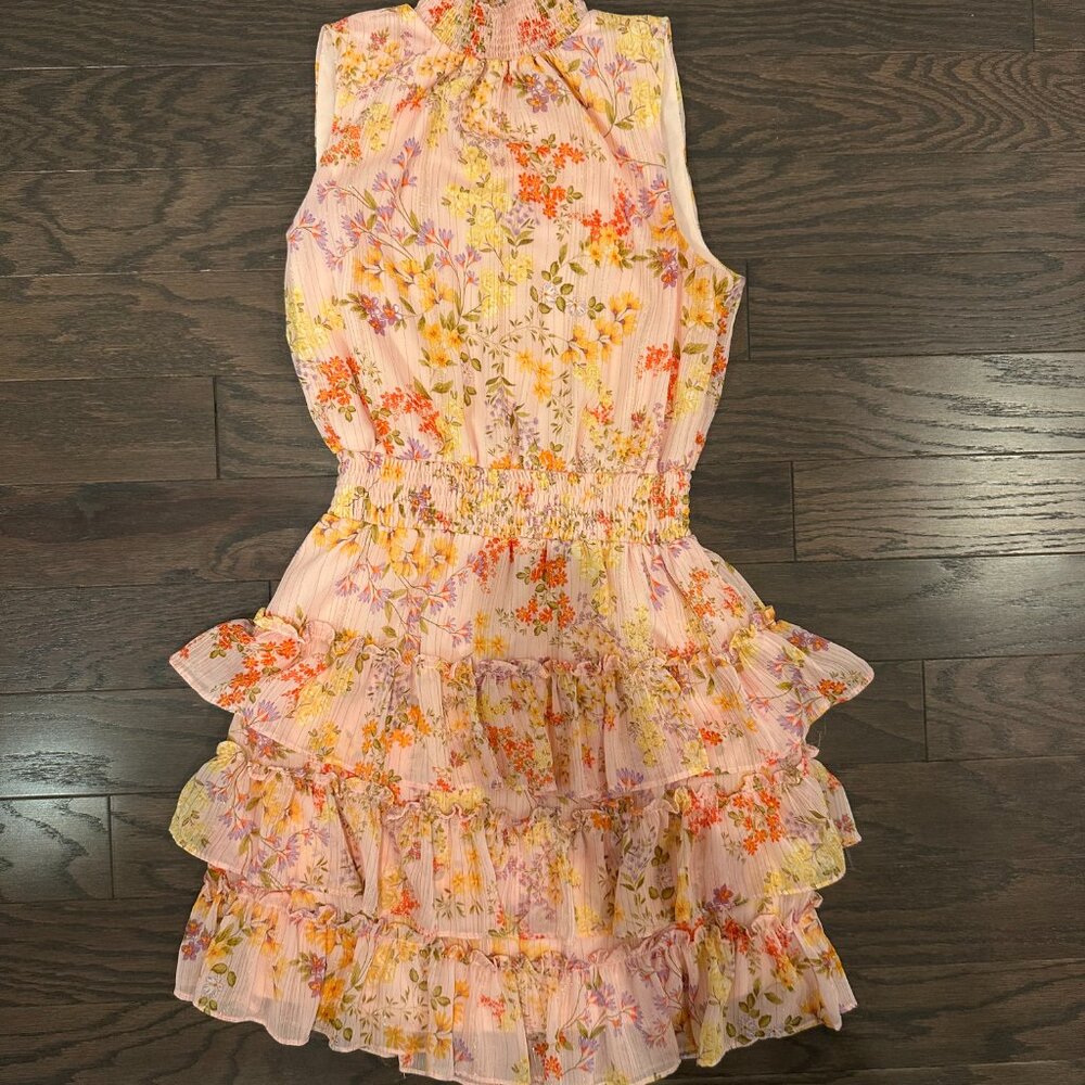 Sam & Jess Pink Orange Floral Tiered Mini Dress Size S
